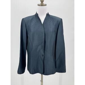 Albert Nipon Womens Navy Blue Collared Sequin Detail Blazer Jacket
